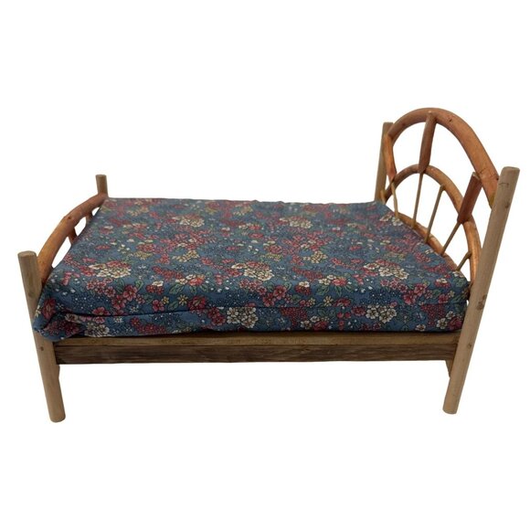 Handmade Miniature Bed With Blue Floral Mattress & Wooden Frame 10.5" x 6.5" x 9 - Picture 2 of 6